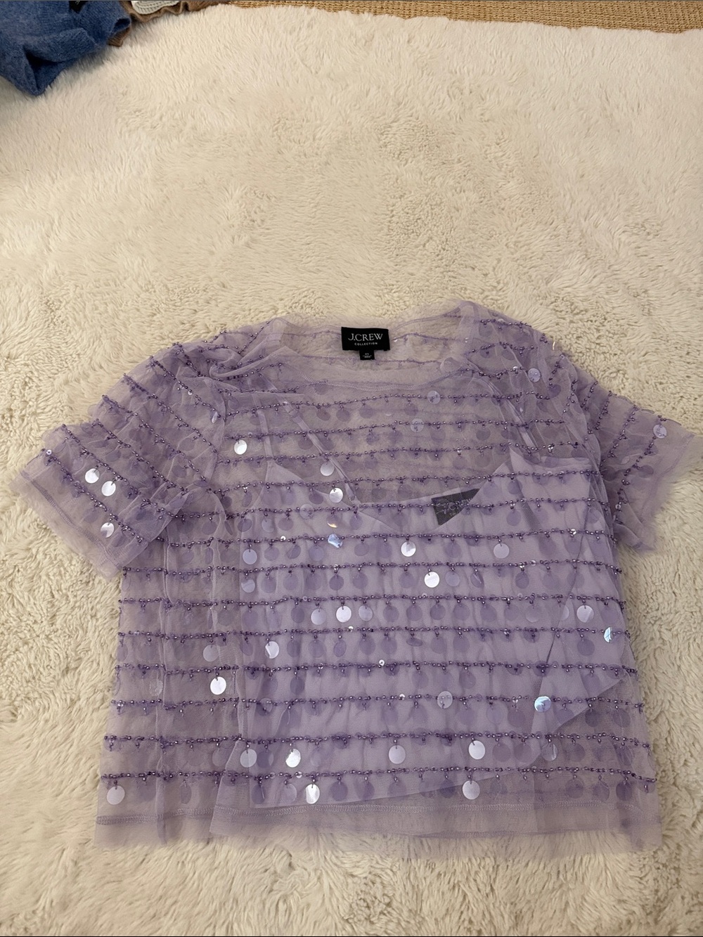 J. Crew Lavender Sheer Beaded Short Sleeve Blouse cropped